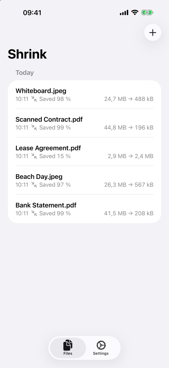 Shrink on iPhone showing compressed files with their sizes before and after